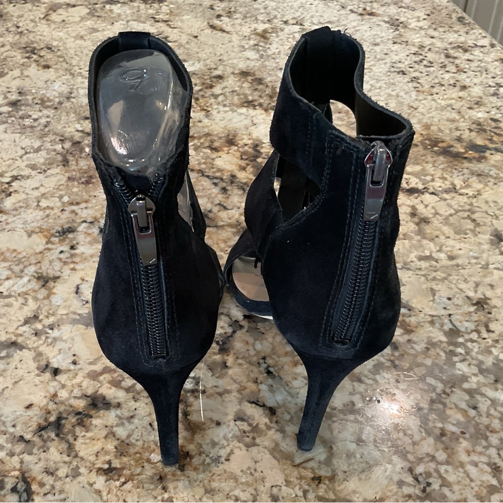 Via Spiga Black Suede Fringe Ankle-Strap Heels - Picture 4 of 7